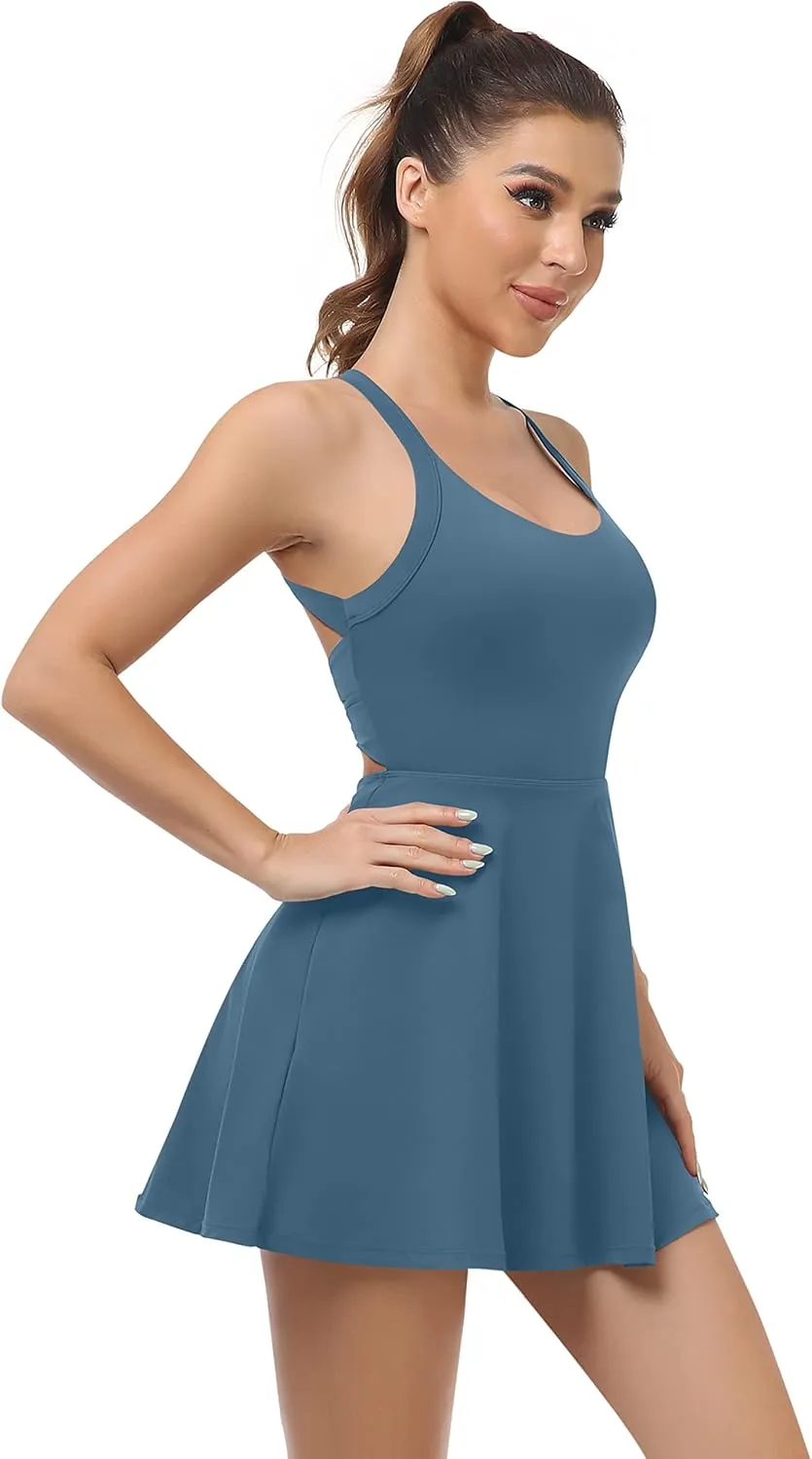 Womens Workout Tennis Dress with Built in Shorts and Bra Athletic Golf Activewear for Exercise