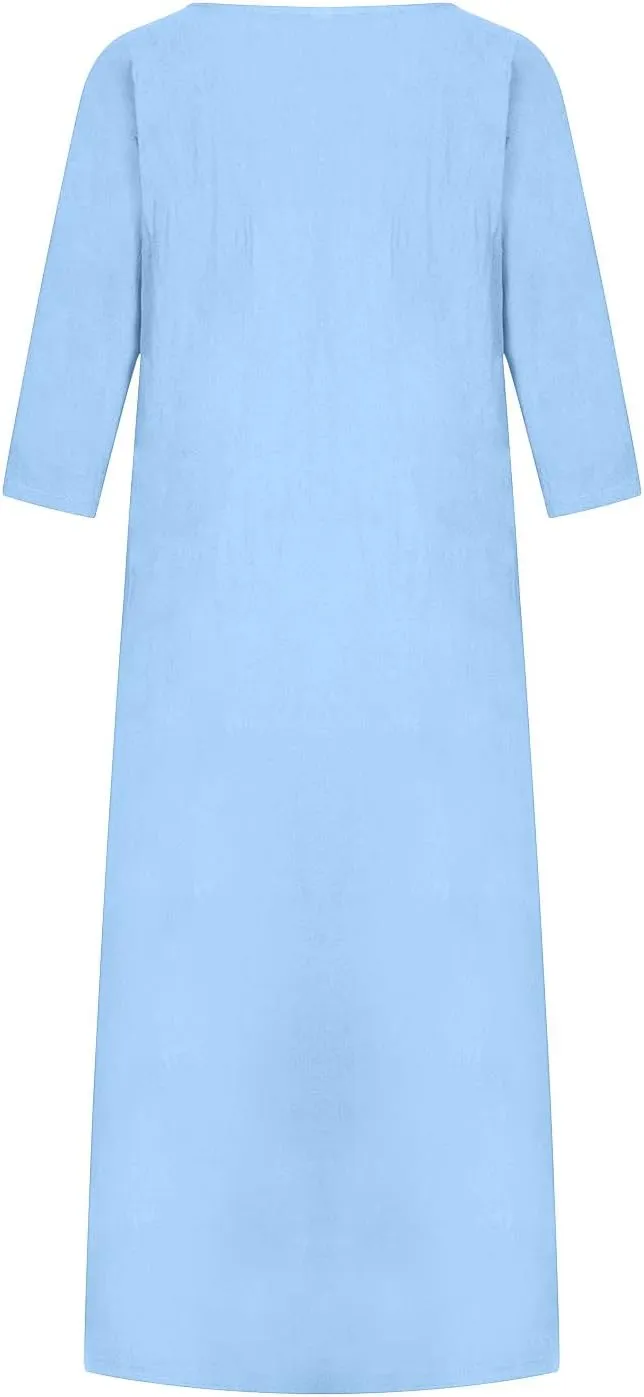 XUNRYAN Plus Size Womens Casual Linen Dress Midi Dresses V Neck Baggy Loose Fit 3/4 Sleeve Shirt Dress with Pockets