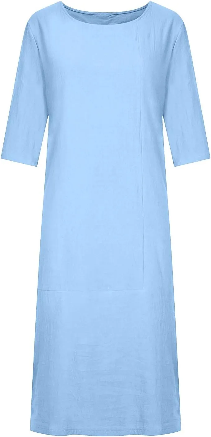 XUNRYAN Plus Size Womens Casual Linen Dress Midi Dresses V Neck Baggy Loose Fit 3/4 Sleeve Shirt Dress with Pockets