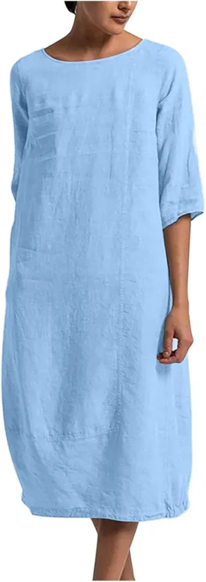 XUNRYAN Plus Size Womens Casual Linen Dress Midi Dresses V Neck Baggy Loose Fit 3/4 Sleeve Shirt Dress with Pockets