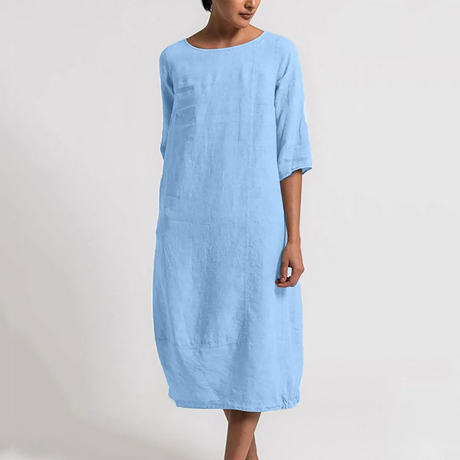 XUNRYAN Plus Size Womens Casual Linen Dress Midi Dresses V Neck Baggy Loose Fit 3/4 Sleeve Shirt Dress with Pockets