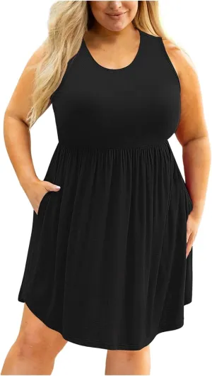 XUNRYAN Summer Tank Dress for Women Plus Size Casual Sleeveless Crewneck Pleated Babydoll Swing Beach Sundresses with Pockets