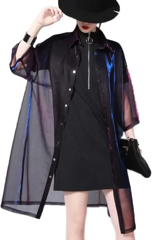 xxxiticat Women's Fashion See Through Trench Coat Lapel Transparent Mesh Laser Sunproof Sunscreen Quarter Sleeve Jackets