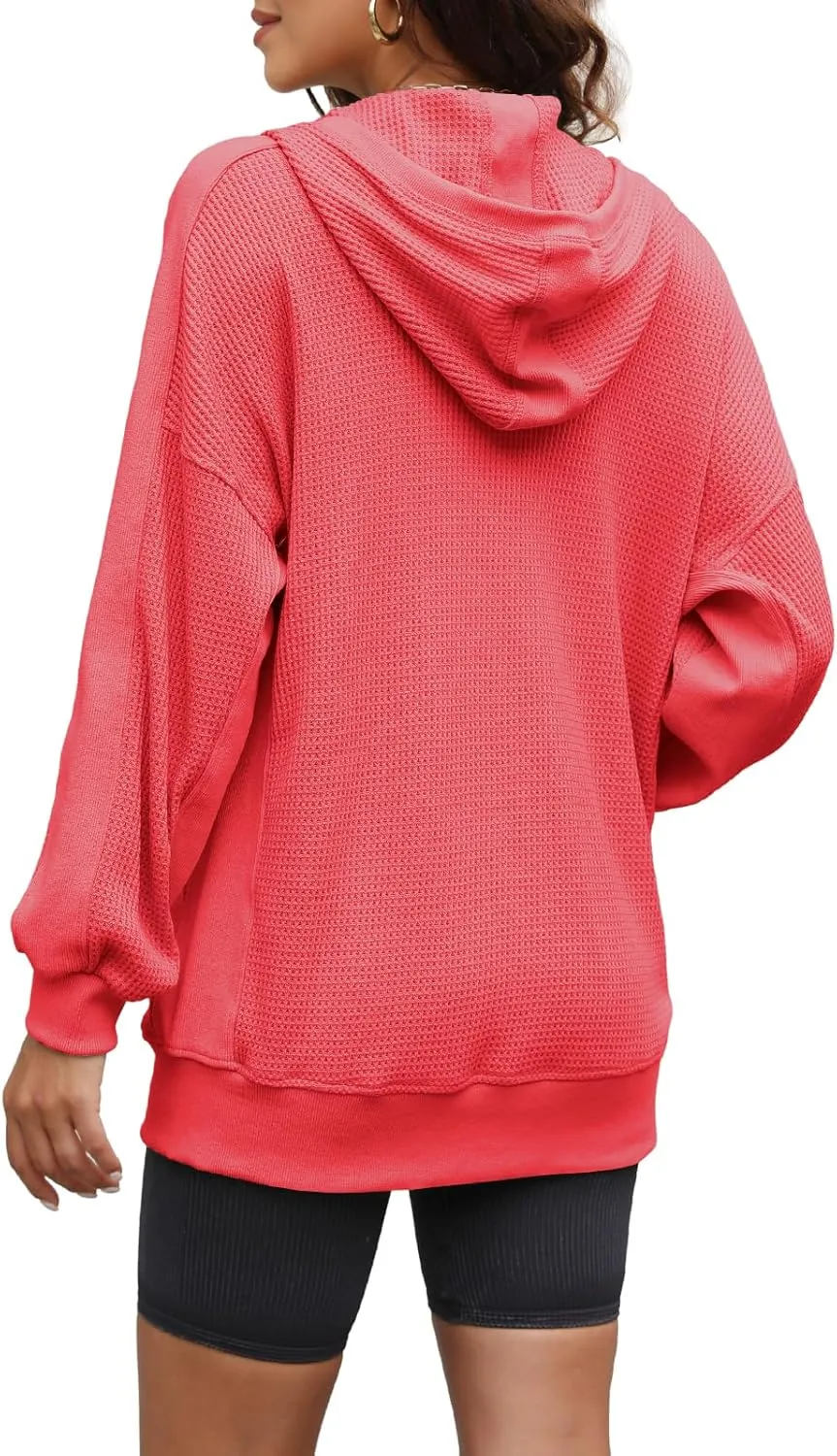 Yanekop Womens Oversized Fall Jackets Zip Up Hoodie Jacket Coat Waffle Knit Shacket Fall Outfits with Pocket