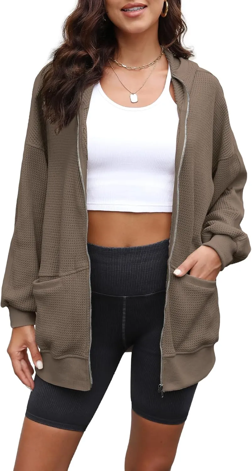 Yanekop Womens Oversized Fall Jackets Zip Up Hoodie Jacket Coat Waffle Knit Shacket Fall Outfits with Pocket