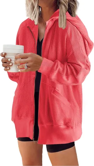 Yanekop Womens Oversized Fall Jackets Zip Up Hoodie Jacket Coat Waffle Knit Shacket Fall Outfits with Pocket