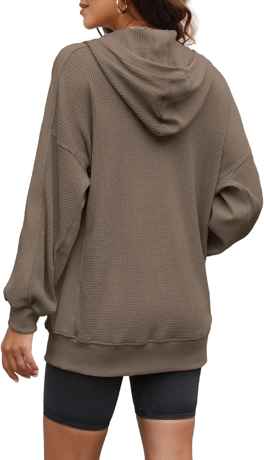 Yanekop Womens Oversized Fall Jackets Zip Up Hoodie Jacket Coat Waffle Knit Shacket Fall Outfits with Pocket