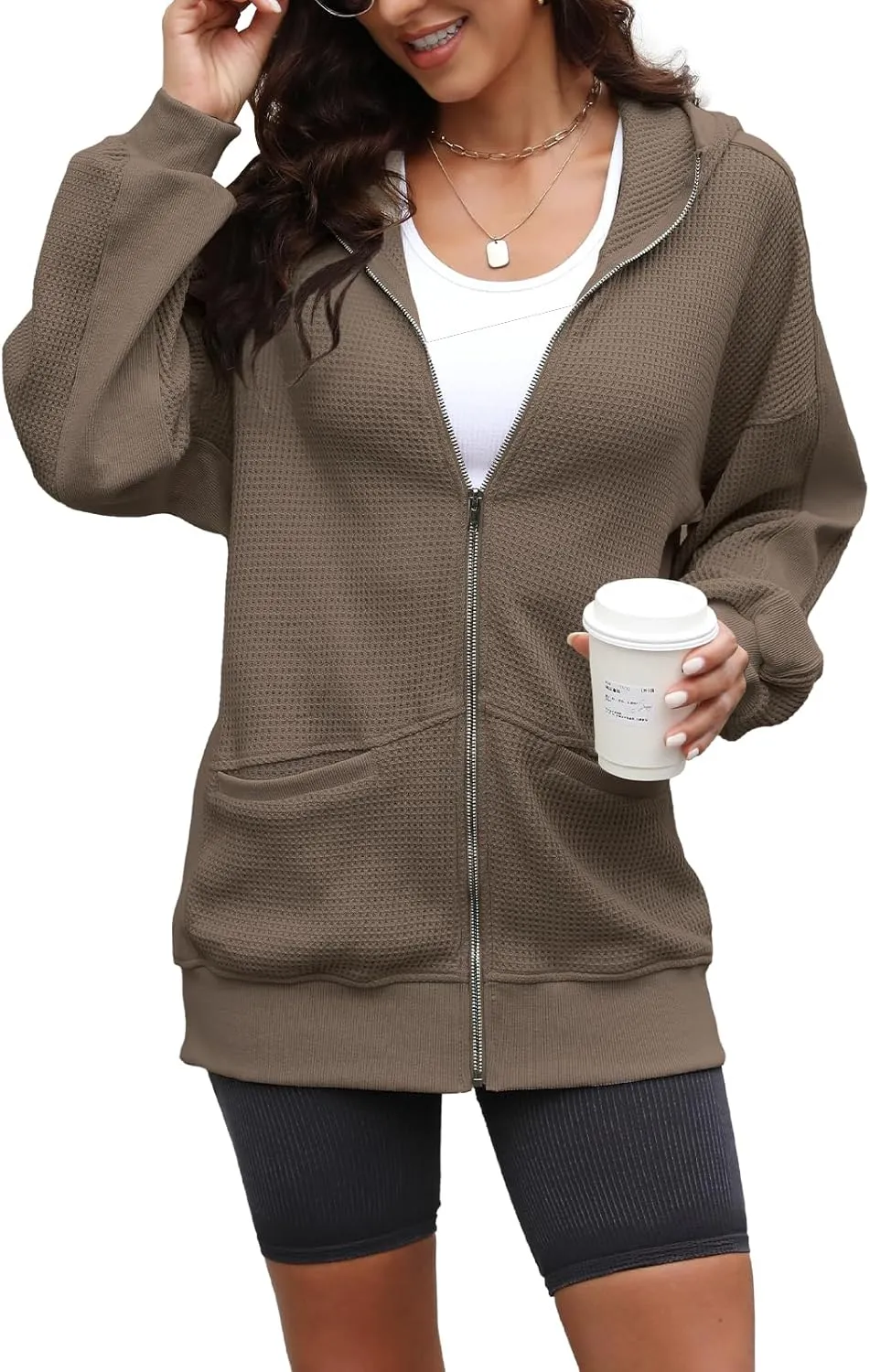 Yanekop Womens Oversized Fall Jackets Zip Up Hoodie Jacket Coat Waffle Knit Shacket Fall Outfits with Pocket