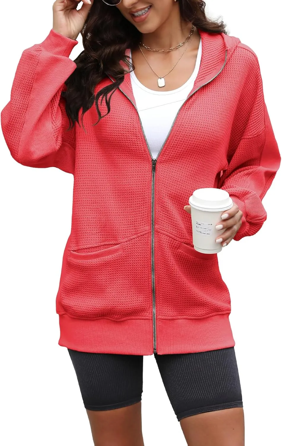 Yanekop Womens Oversized Fall Jackets Zip Up Hoodie Jacket Coat Waffle Knit Shacket Fall Outfits with Pocket