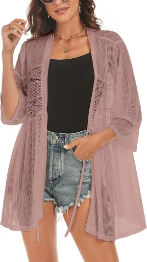 ZAFUL Lightweight Summer Cardigan for Women 3/4 Sleeve Bikini Cover Ups Strechy Crochet Knit Kimonos