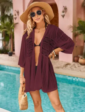 ZAFUL Lightweight Summer Cardigan for Women 3/4 Sleeve Bikini Cover Ups Strechy Crochet Knit Kimonos