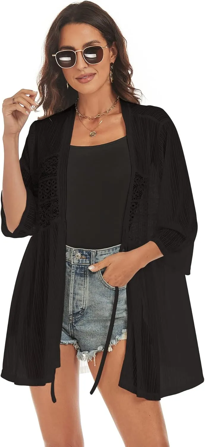 ZAFUL Lightweight Summer Cardigan for Women 3/4 Sleeve Bikini Cover Ups Strechy Crochet Knit Kimonos