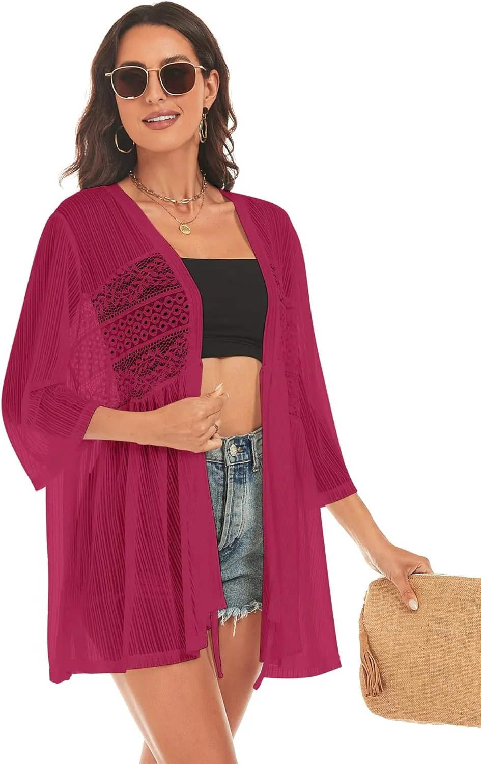 ZAFUL Lightweight Summer Cardigan for Women 3/4 Sleeve Bikini Cover Ups Strechy Crochet Knit Kimonos