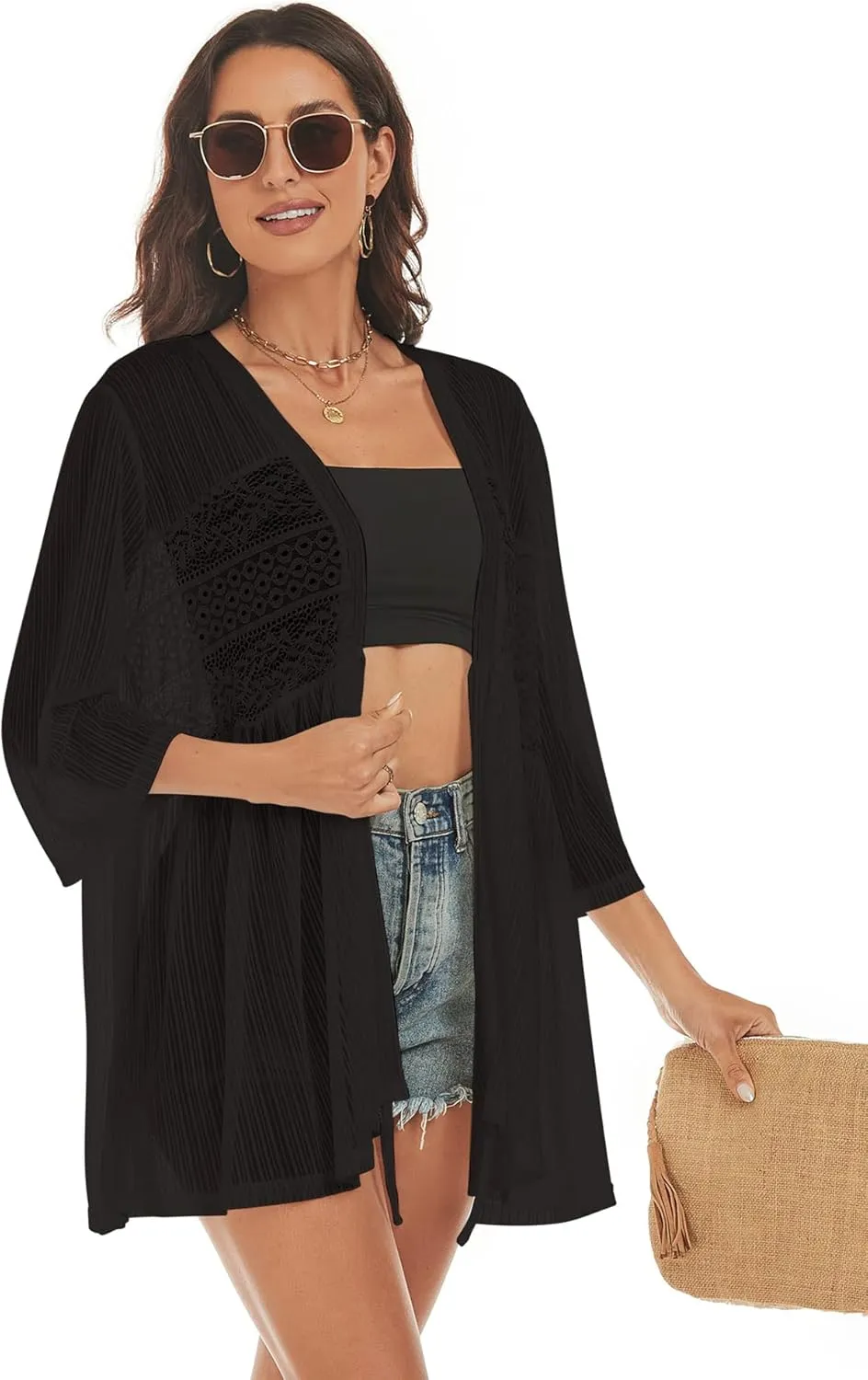 ZAFUL Lightweight Summer Cardigan for Women 3/4 Sleeve Bikini Cover Ups Strechy Crochet Knit Kimonos