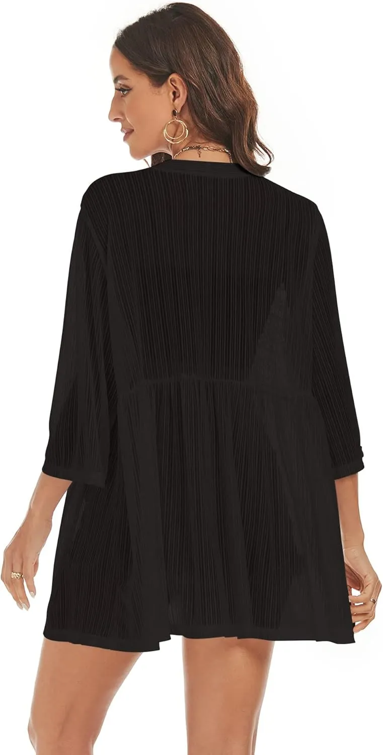 ZAFUL Lightweight Summer Cardigan for Women 3/4 Sleeve Bikini Cover Ups Strechy Crochet Knit Kimonos