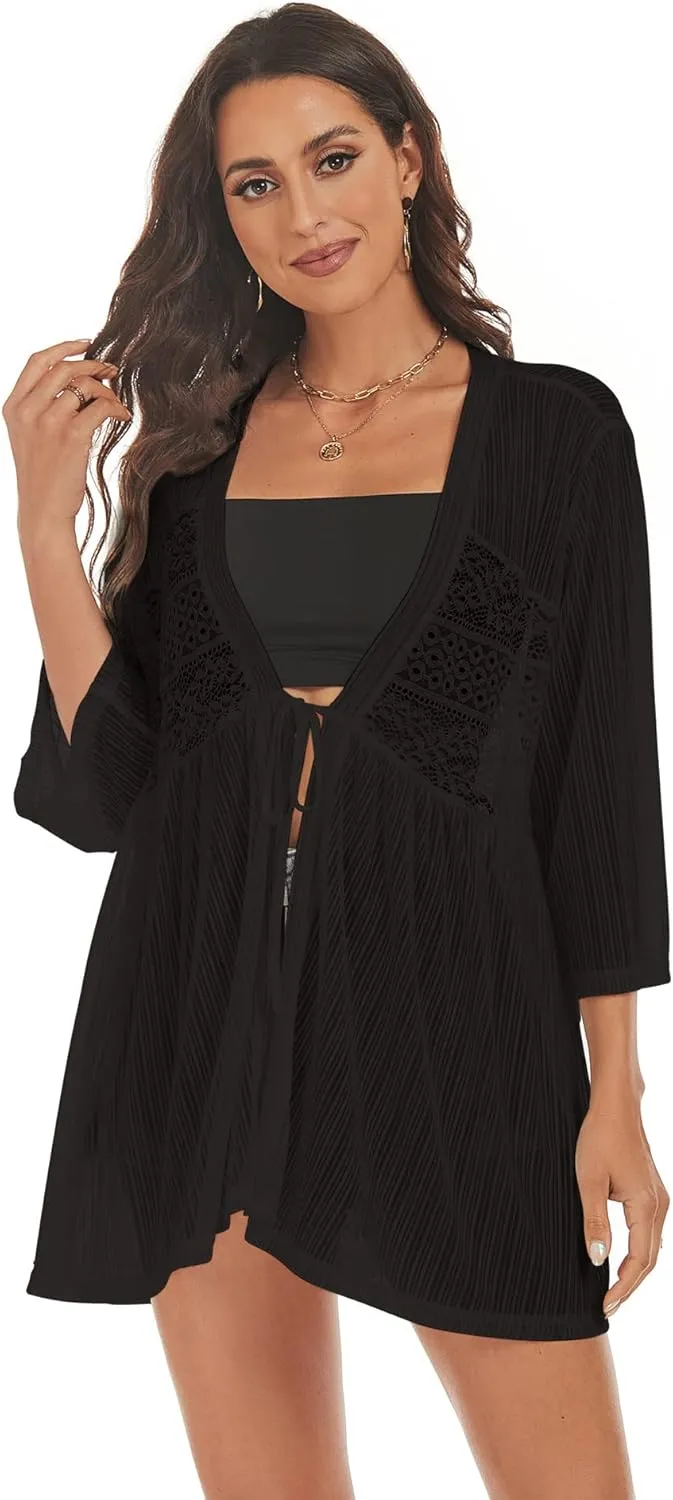 ZAFUL Lightweight Summer Cardigan for Women 3/4 Sleeve Bikini Cover Ups Strechy Crochet Knit Kimonos