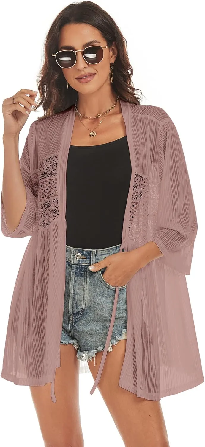 ZAFUL Lightweight Summer Cardigan for Women 3/4 Sleeve Bikini Cover Ups Strechy Crochet Knit Kimonos