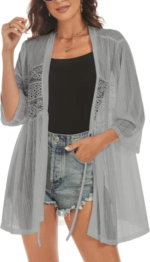 ZAFUL Lightweight Summer Cardigan for Women 3/4 Sleeve Bikini Cover Ups Strechy Crochet Knit Kimonos