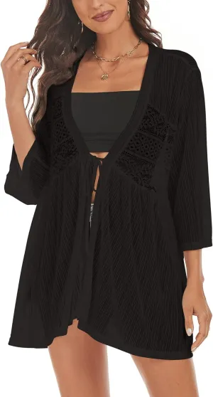 ZAFUL Lightweight Summer Cardigan for Women 3/4 Sleeve Bikini Cover Ups Strechy Crochet Knit Kimonos