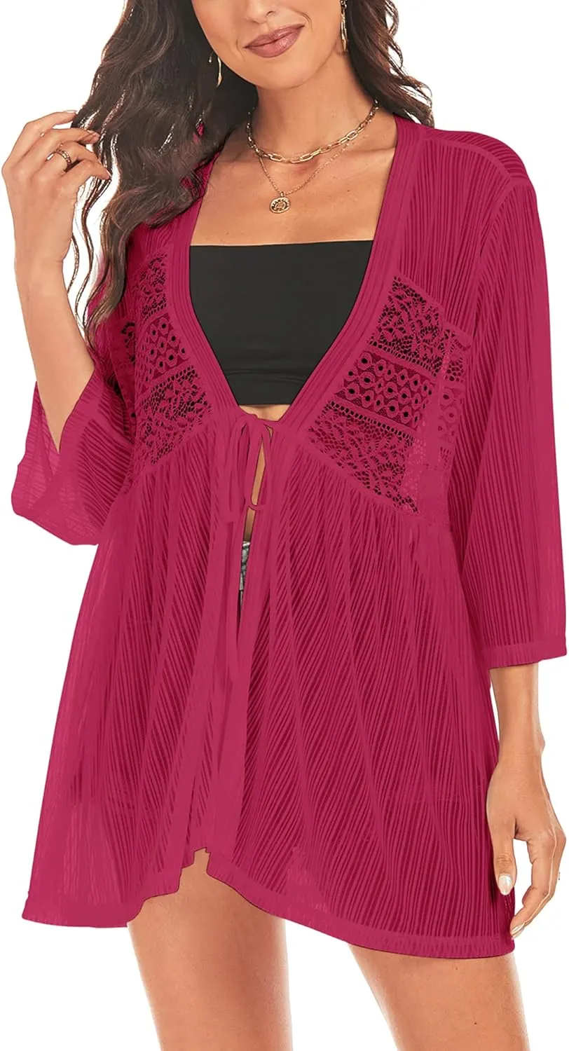 ZAFUL Lightweight Summer Cardigan for Women 3/4 Sleeve Bikini Cover Ups Strechy Crochet Knit Kimonos
