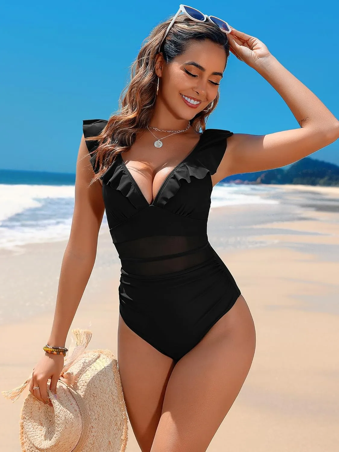 ZAFUL Women's One Piece Swimsuits Tummy Control Ruffle V Neck Mesh Bathing Suit Sexy Slimming Swimwear