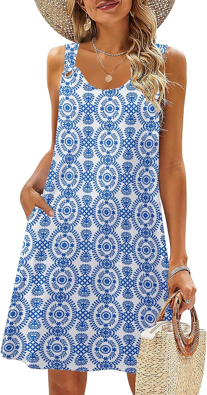 Zeagoo Beach Dress for Women Summer Sundress Sleeveless Flowy Boho Sundress with Pockets Women's Casual Dress with Pockets, L