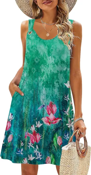 Zeagoo Summer Dresses for Women Boho Beach Dress Sleeveless Sundresses with Pockets Casual Loose Tank Tshirt Sun Dress