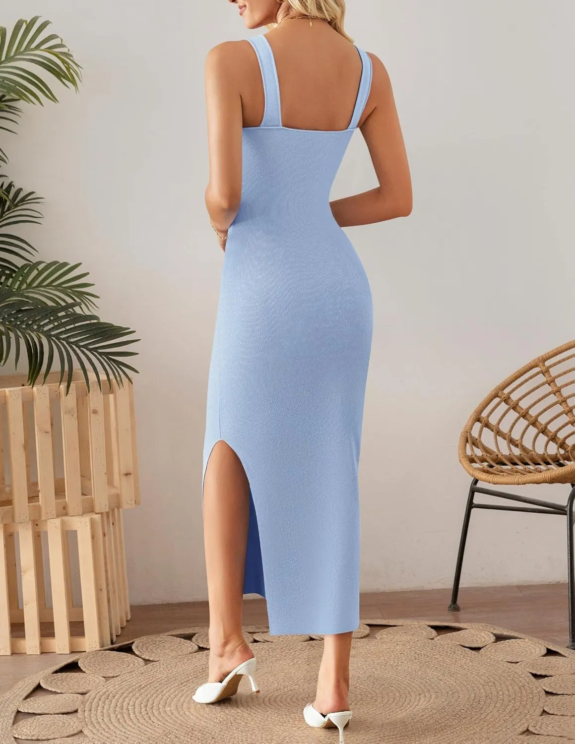 ZESICA Womens 2025 Summer Casual Square Neck Bodycon Midi Dresses Spring Sleeveless Side Slit Knit Beach Vacation Long Dress