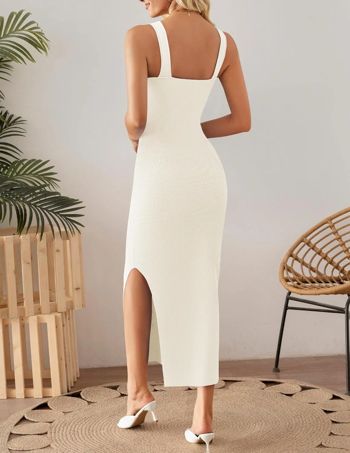 ZESICA Womens 2025 Summer Casual Square Neck Bodycon Midi Dresses Spring Sleeveless Side Slit Knit Beach Vacation Long Dress