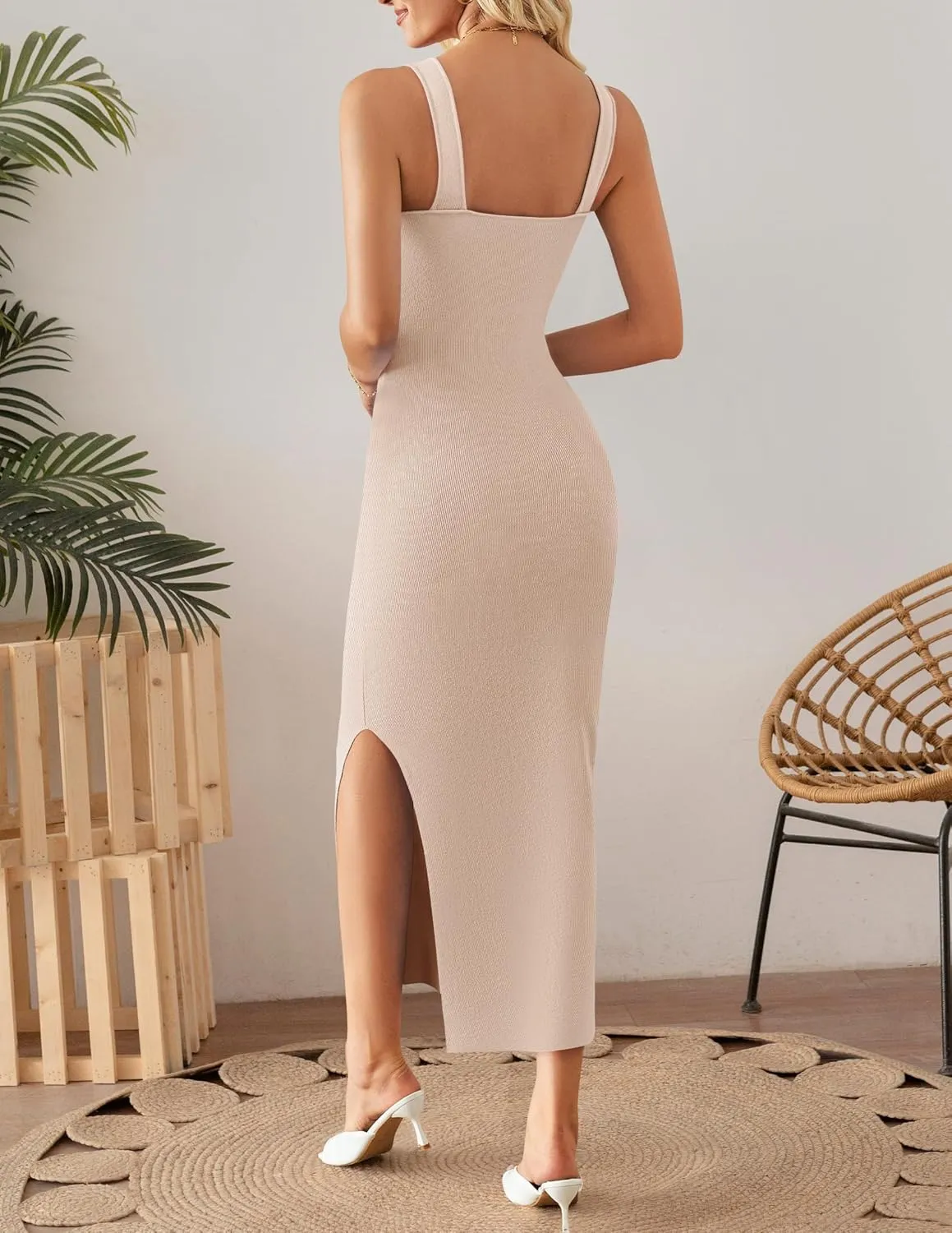 ZESICA Womens 2025 Summer Casual Square Neck Bodycon Midi Dresses Spring Sleeveless Side Slit Knit Beach Vacation Long Dress
