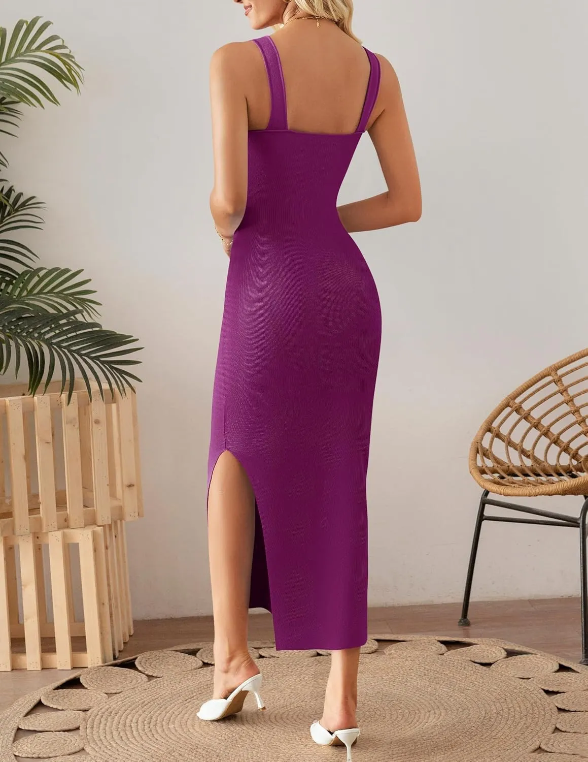 ZESICA Womens 2025 Summer Casual Square Neck Bodycon Midi Dresses Spring Sleeveless Side Slit Knit Beach Vacation Long Dress