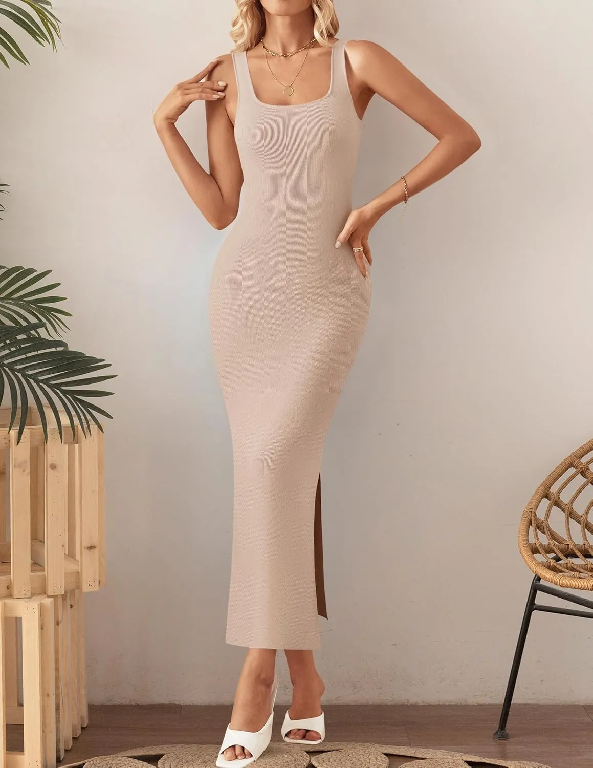 ZESICA Womens 2025 Summer Casual Square Neck Bodycon Midi Dresses Spring Sleeveless Side Slit Knit Beach Vacation Long Dress