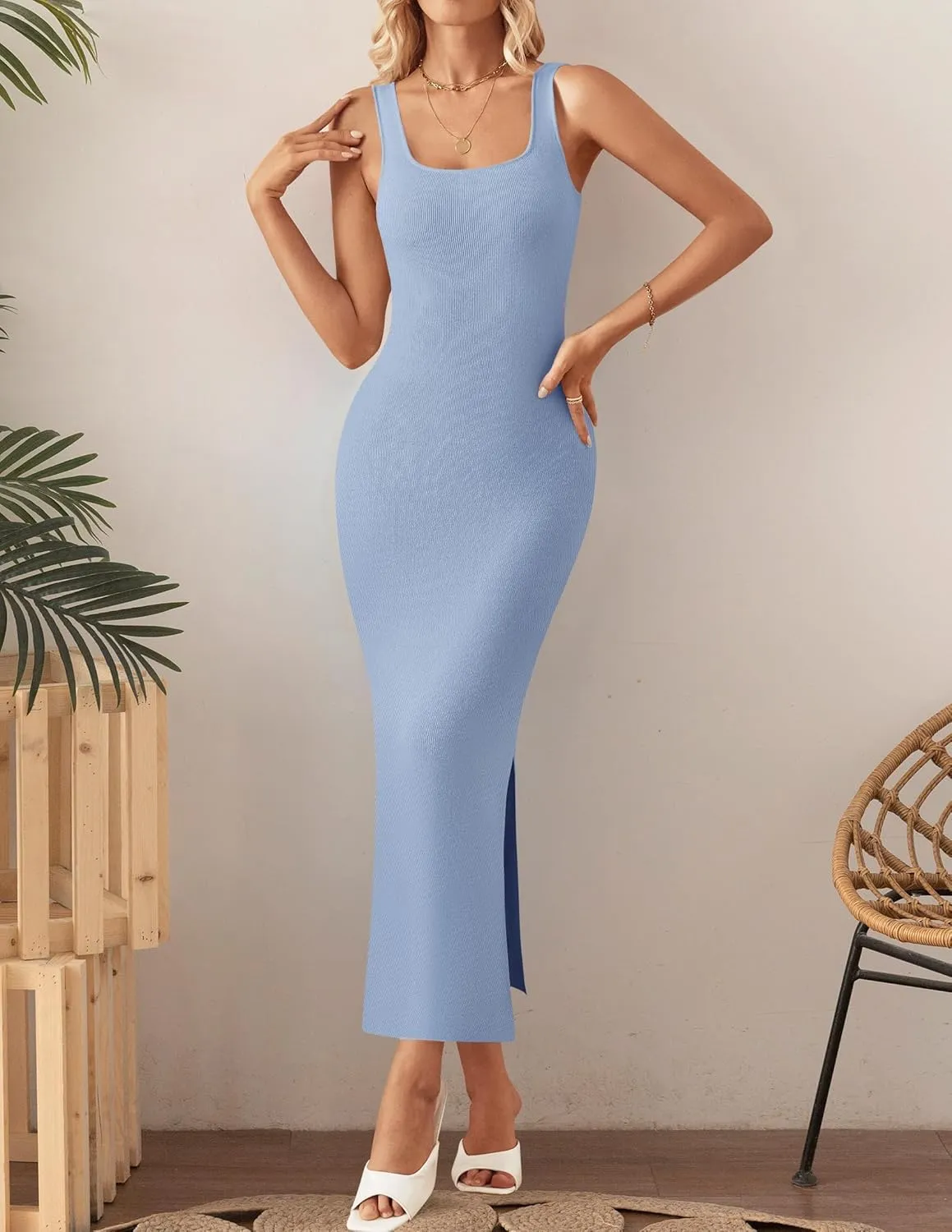 ZESICA Womens 2025 Summer Casual Square Neck Bodycon Midi Dresses Spring Sleeveless Side Slit Knit Beach Vacation Long Dress