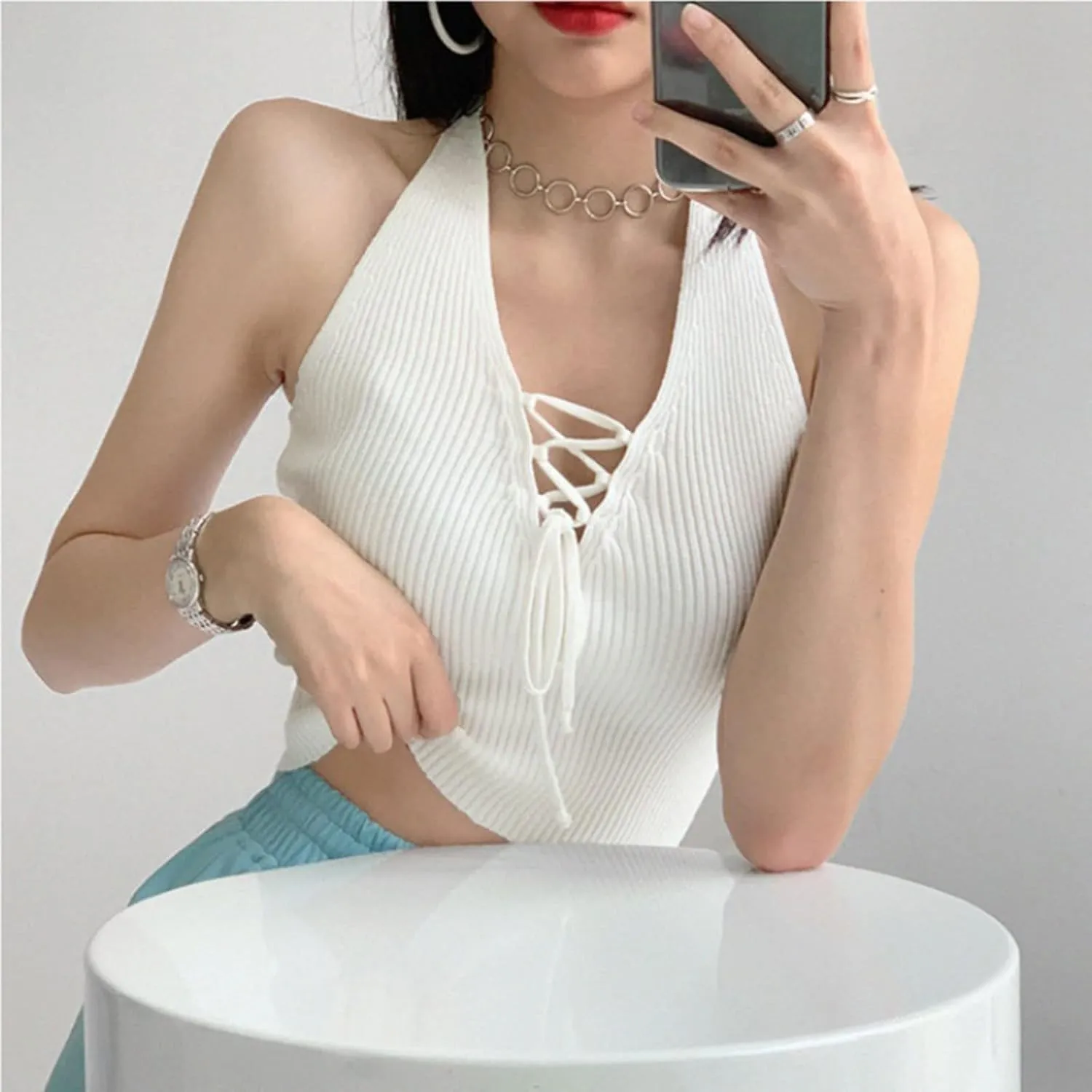 Zip up Jackets for Women Lace Up Cross Back Slim Knit Camisole Women's Strapless Tank Top