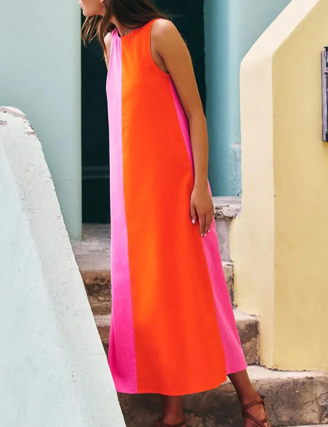 Zontroldy Summer Casual Dress for Women Long Sleeveless Crewneck Dresses Color Block Side Slit Beach Vacation Dress