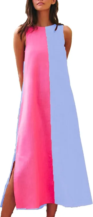 Zontroldy Summer Casual Dress for Women Long Sleeveless Crewneck Dresses Color Block Side Slit Beach Vacation Dress