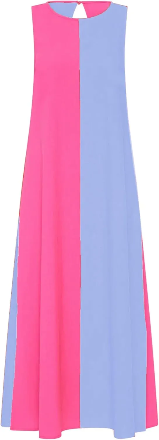 Zontroldy Summer Casual Dress for Women Long Sleeveless Crewneck Dresses Color Block Side Slit Beach Vacation Dress